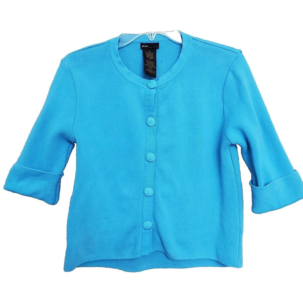Grace Elements Cotton Fabric Button Cardigan Sweater Cuffed Sleeve Size Medium
